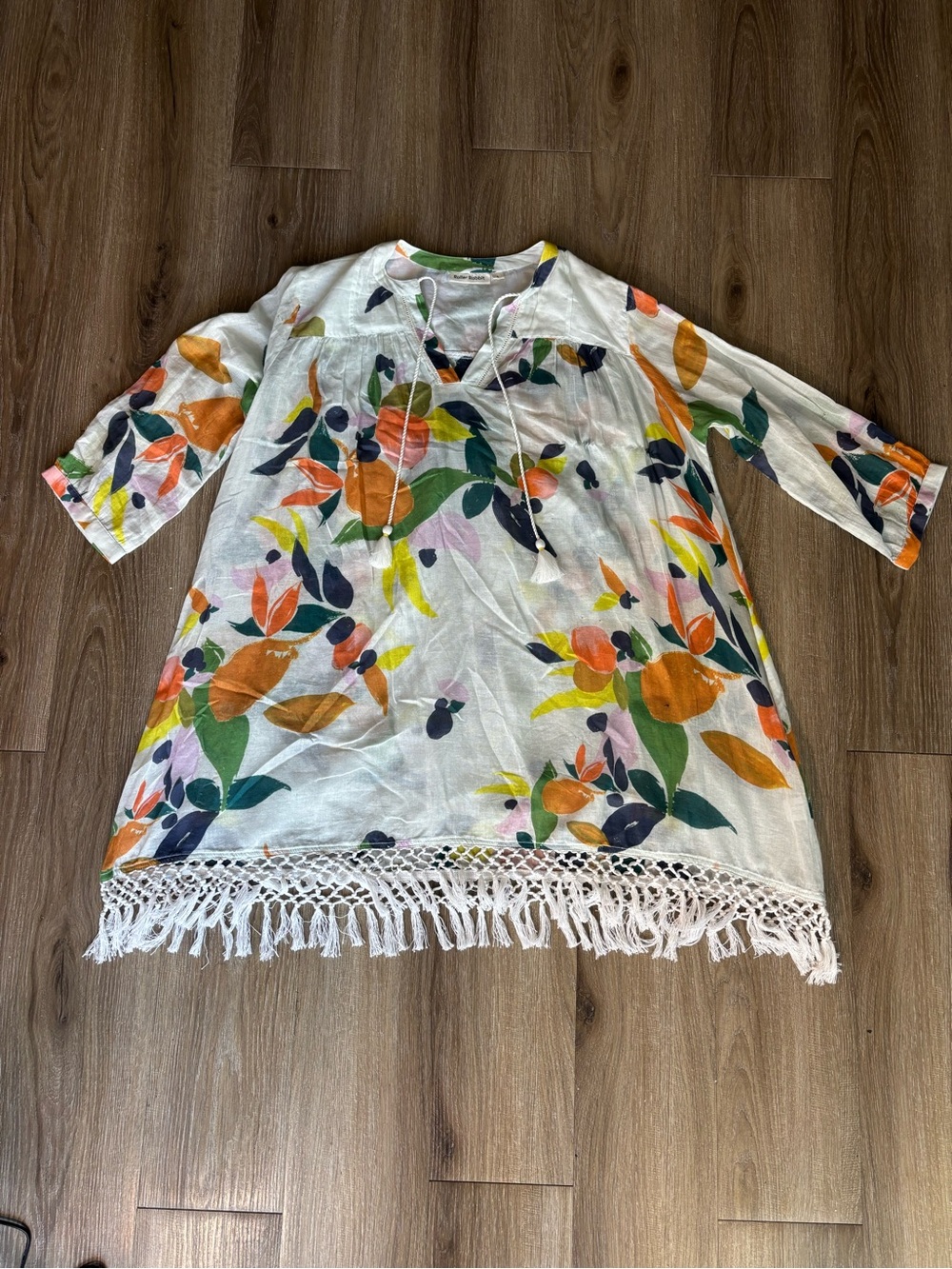 Girls White Floral Tassel-Hem Tunic Top